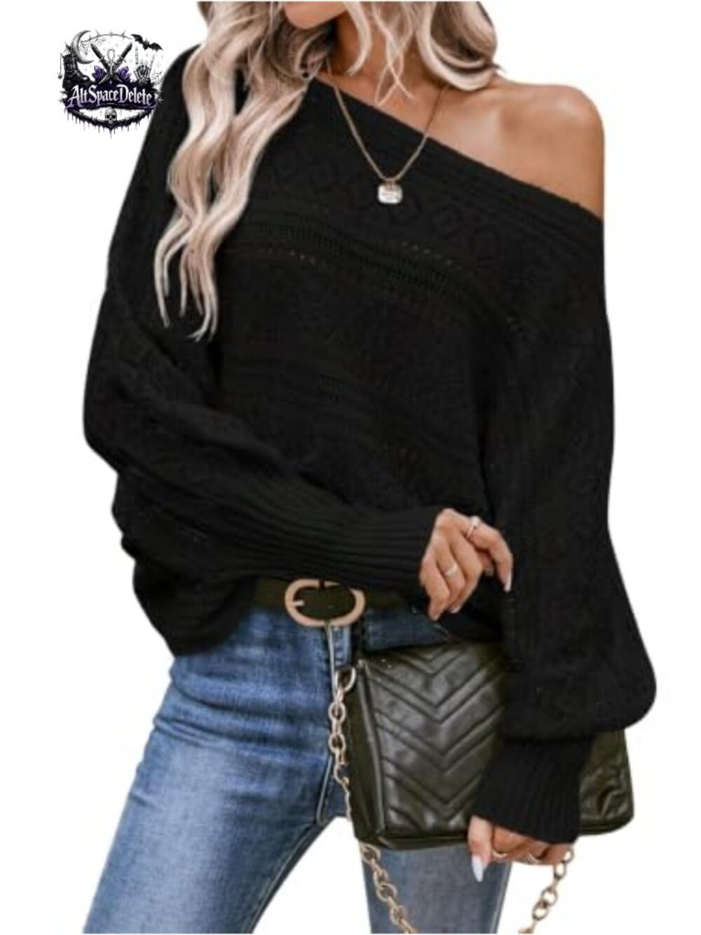 Off Shoulder Oversized Knit Sweater Batwing Long Sleeve Crochet Pullover